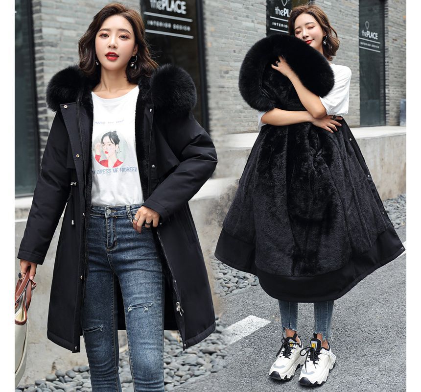 Fluffy Hooded Padded Zip-Up Long Coat SpreePicky