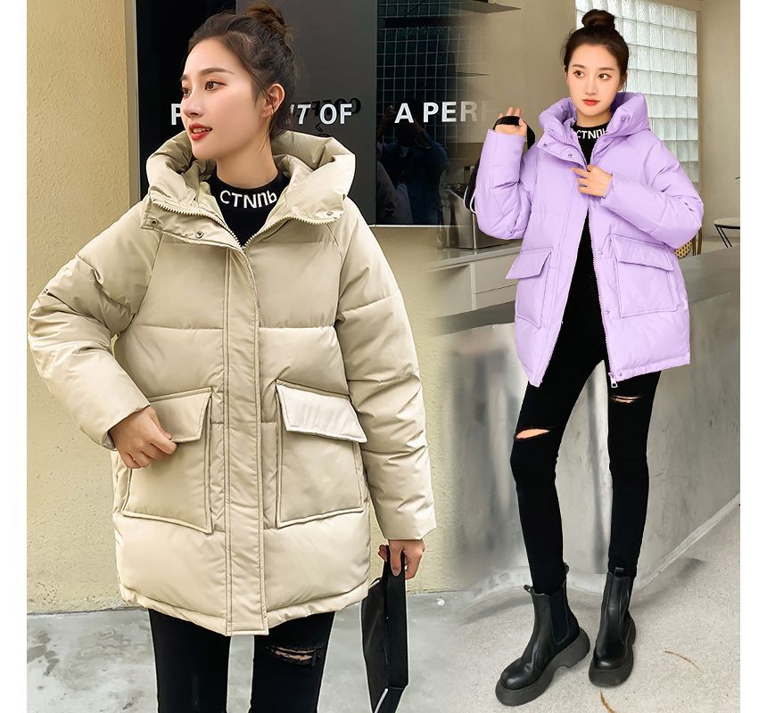 Hooded Plain Padded Coat SpreePicky