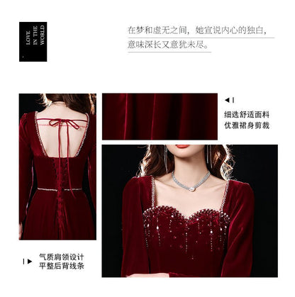 Long-Sleeve Sweetheart-Neckline Rhinestone A-Line Evening Gown SpreePicky