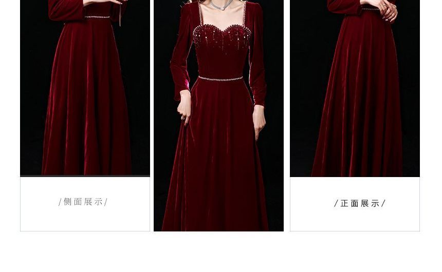 Long-Sleeve Sweetheart-Neckline Rhinestone A-Line Evening Gown SpreePicky