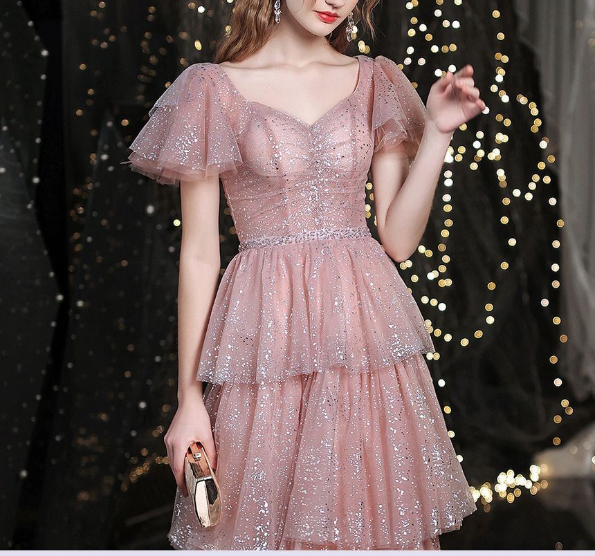 Short-Sleeve Sweetheart-Neckline Sequined A-Line Layered Evening Gown SpreePicky