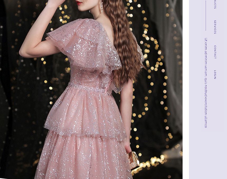 Short-Sleeve Sweetheart-Neckline Sequined A-Line Layered Evening Gown SpreePicky