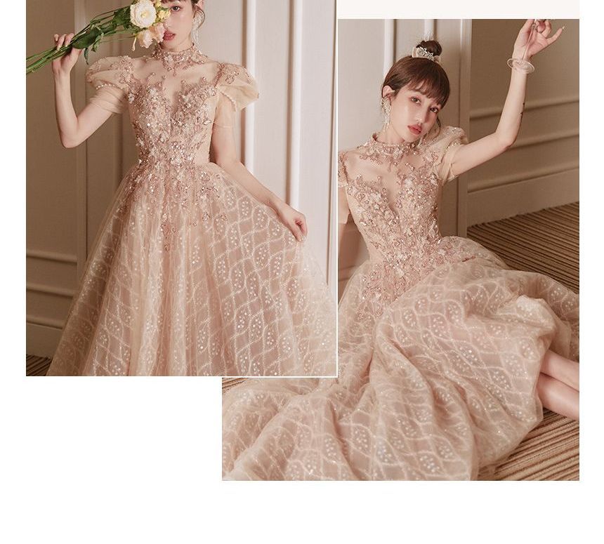 Short-Sleeve High Neck Floral Embroidered A-Line Evening Gown SpreePicky