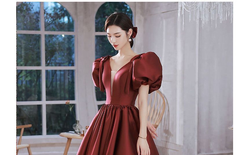 Puff-Sleeve Mesh Panel Plain A-Line Evening Gown SpreePicky