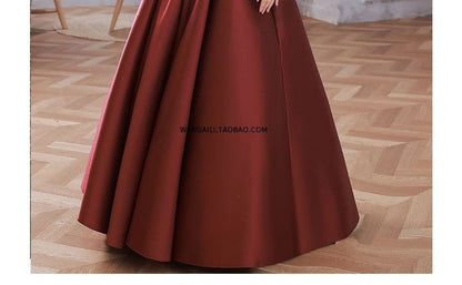 Puff-Sleeve Mesh Panel Plain A-Line Evening Gown SpreePicky