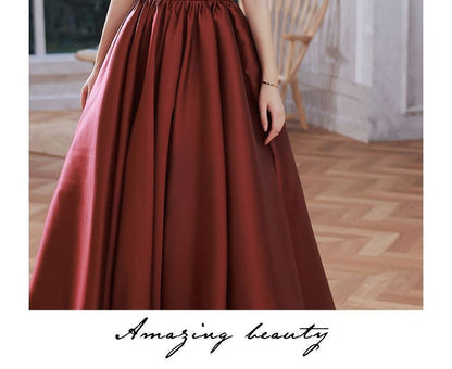 Puff-Sleeve Mesh Panel Plain A-Line Evening Gown SpreePicky