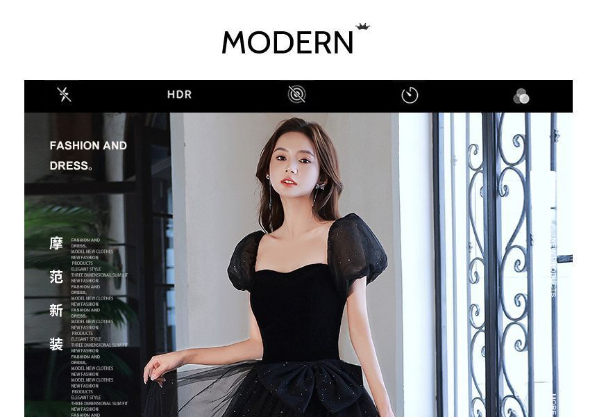 Puff-Sleeve Square-Neck Lace-Up Back A-Line Evening Gown (Various Designs) SpreePicky