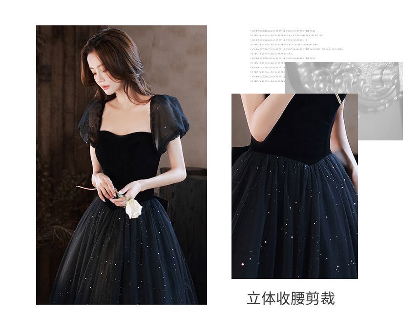 Puff-Sleeve Square-Neck Lace-Up Back A-Line Evening Gown (Various Designs) SpreePicky