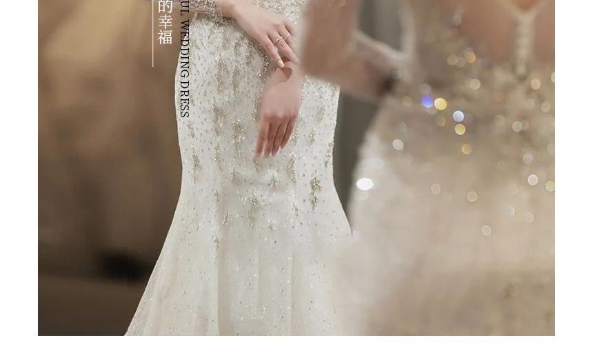 Long-Sleeve Open-Back Rhinestone Bodycon Wedding Gown SpreePicky