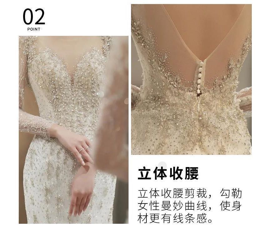 Long-Sleeve Open-Back Rhinestone Bodycon Wedding Gown SpreePicky