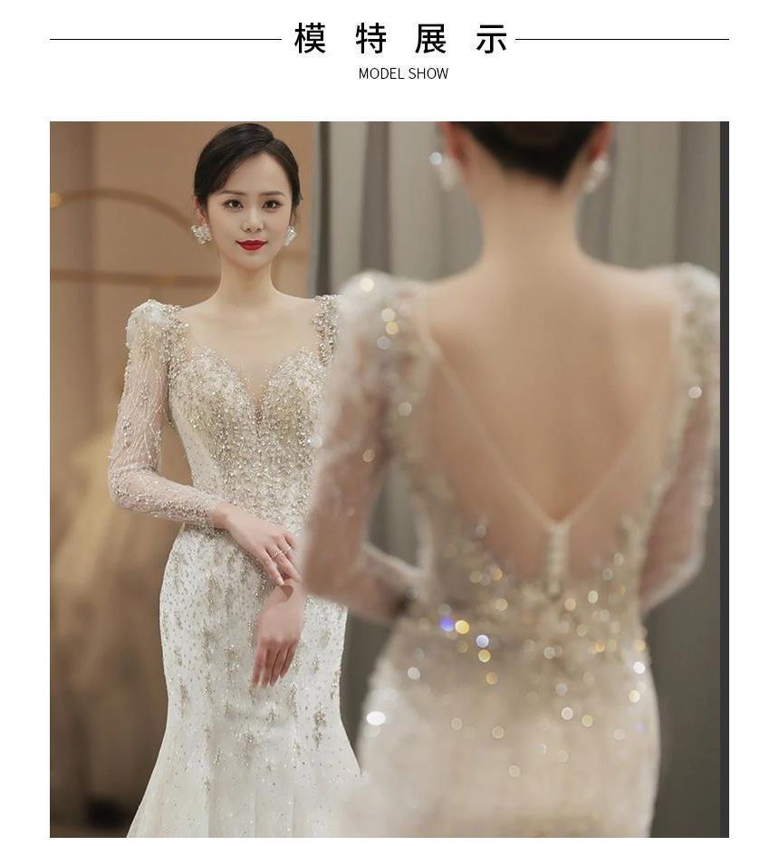 Long-Sleeve Open-Back Rhinestone Bodycon Wedding Gown SpreePicky