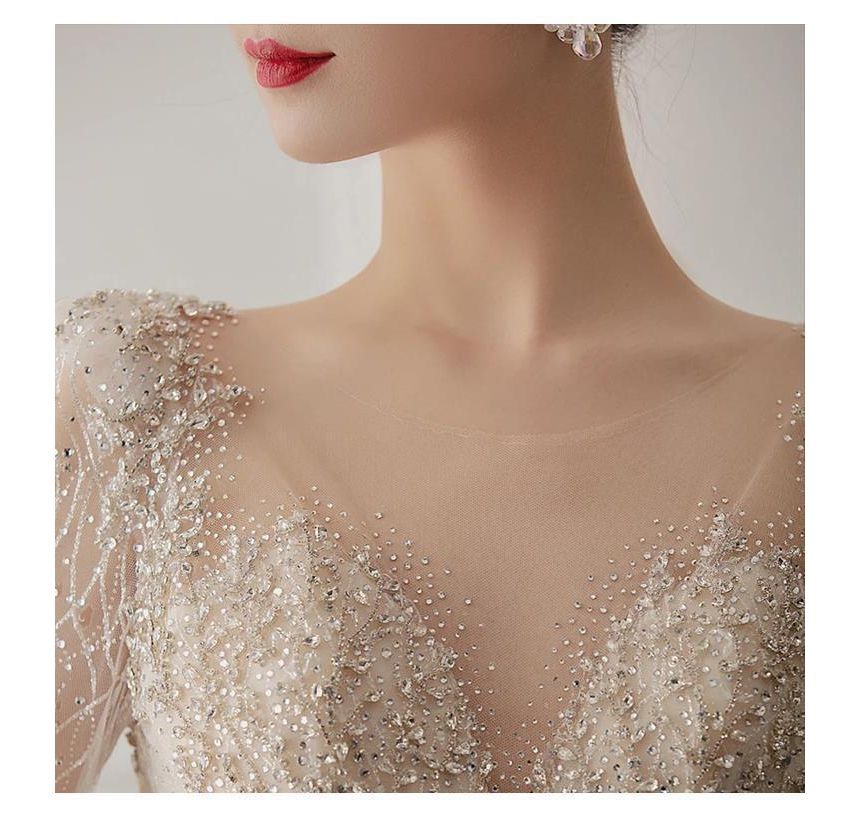 Long-Sleeve Open-Back Rhinestone Bodycon Wedding Gown SpreePicky