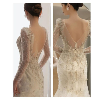 Long-Sleeve Open-Back Rhinestone Bodycon Wedding Gown SpreePicky