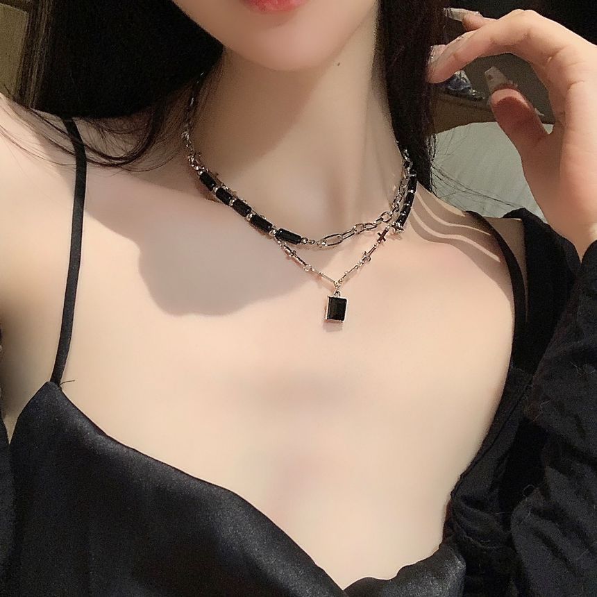 Faux Crystal Pendant Layered Alloy Choker SpreePicky