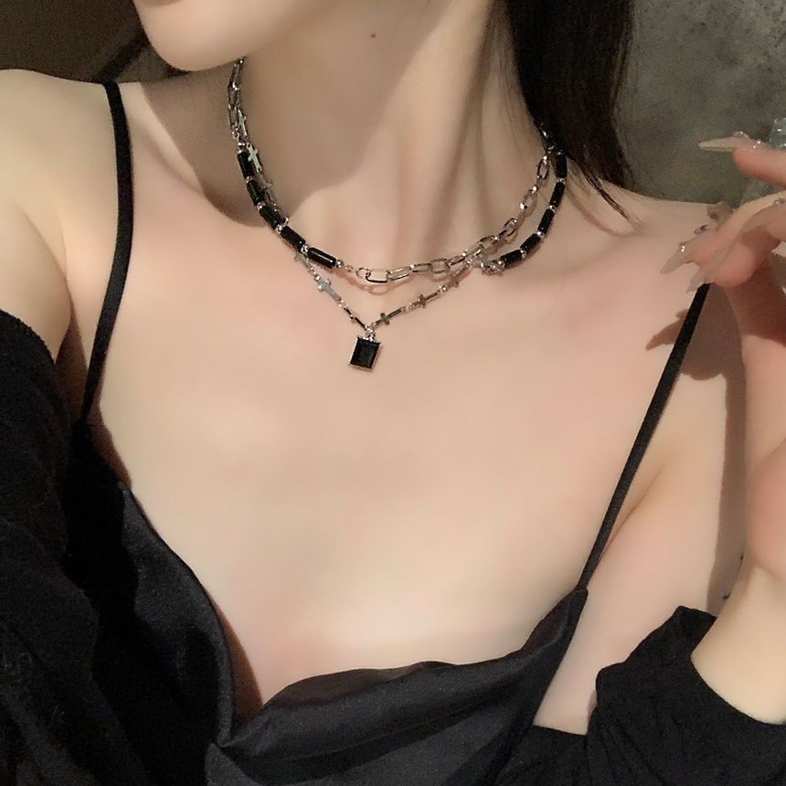 Faux Crystal Pendant Layered Alloy Choker SpreePicky