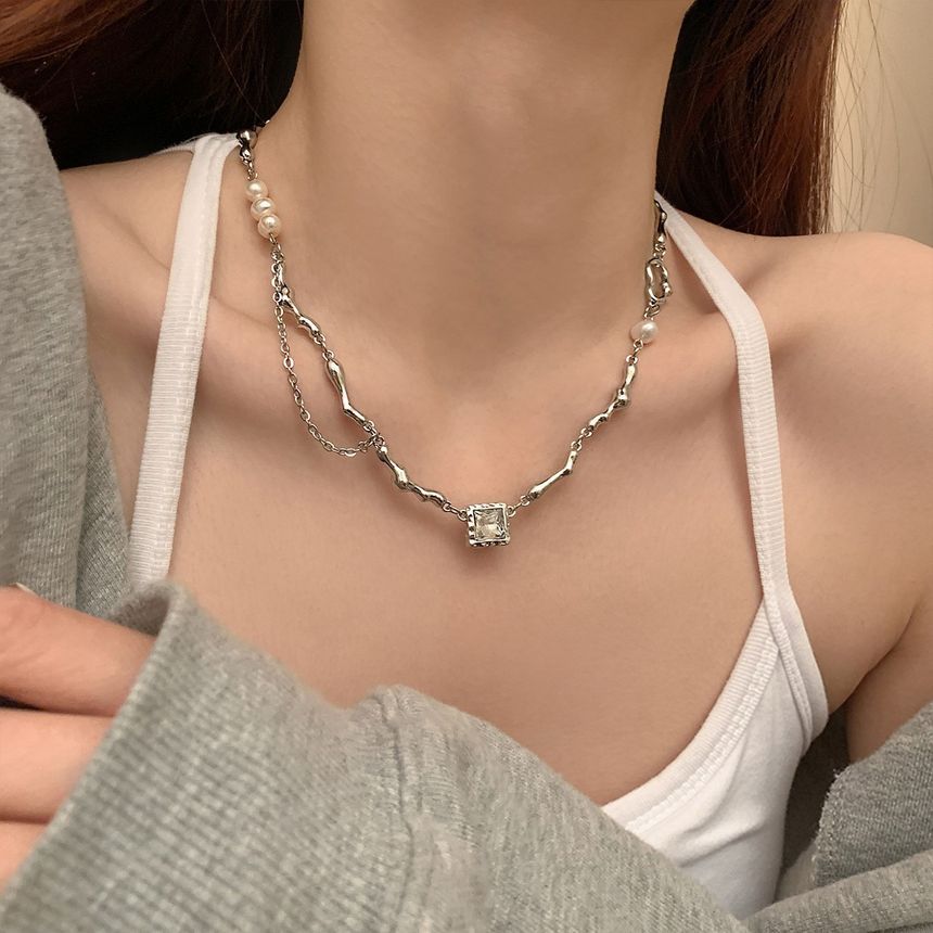 Faux Crystal Pendant Layered Alloy Choker SpreePicky