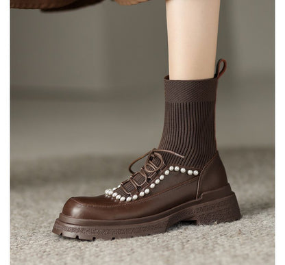 Lace-Up Faux Pearl Short Sock Boots SpreePicky