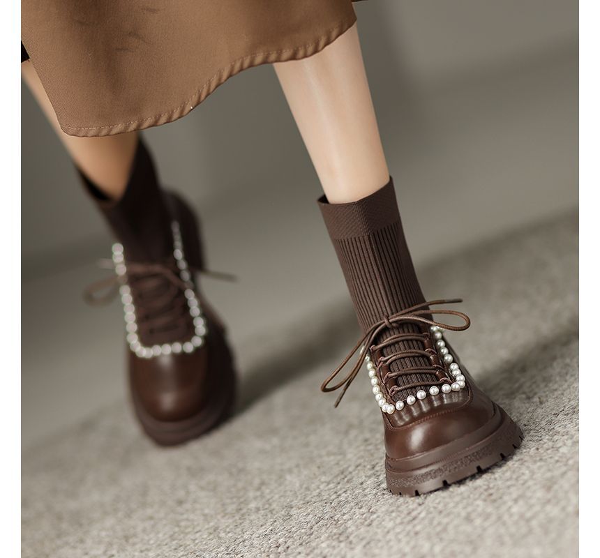 Lace-Up Faux Pearl Short Sock Boots SpreePicky