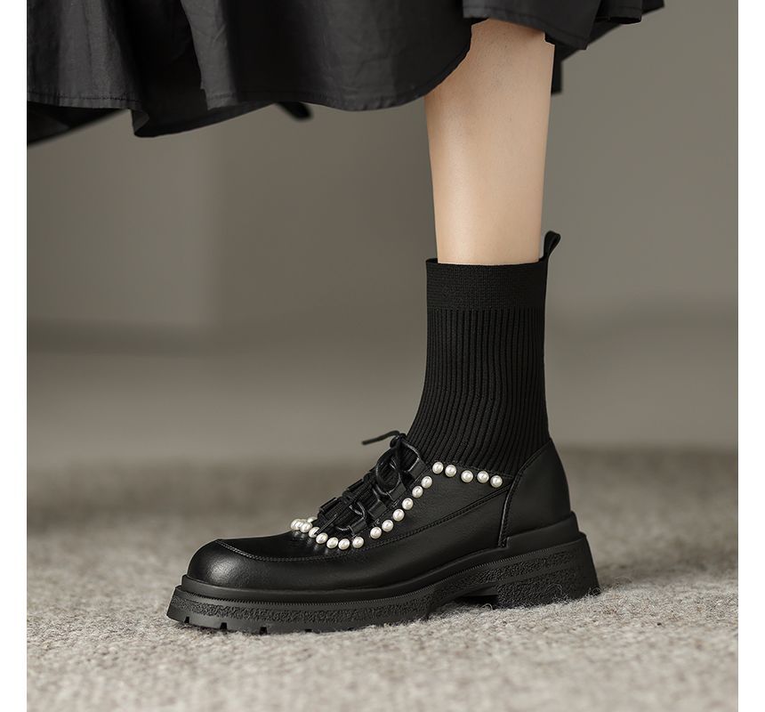 Lace-Up Faux Pearl Short Sock Boots SpreePicky