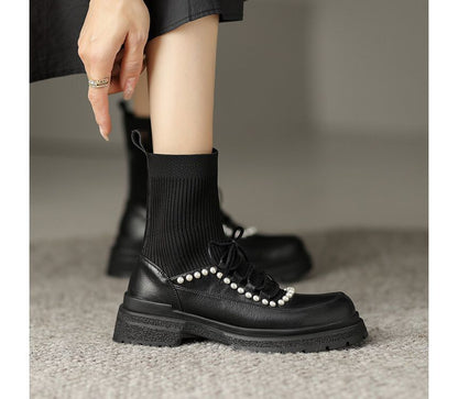 Lace-Up Faux Pearl Short Sock Boots SpreePicky