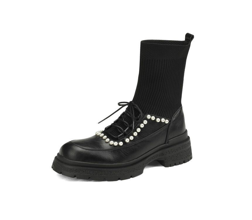 Lace-Up Faux Pearl Short Sock Boots SpreePicky