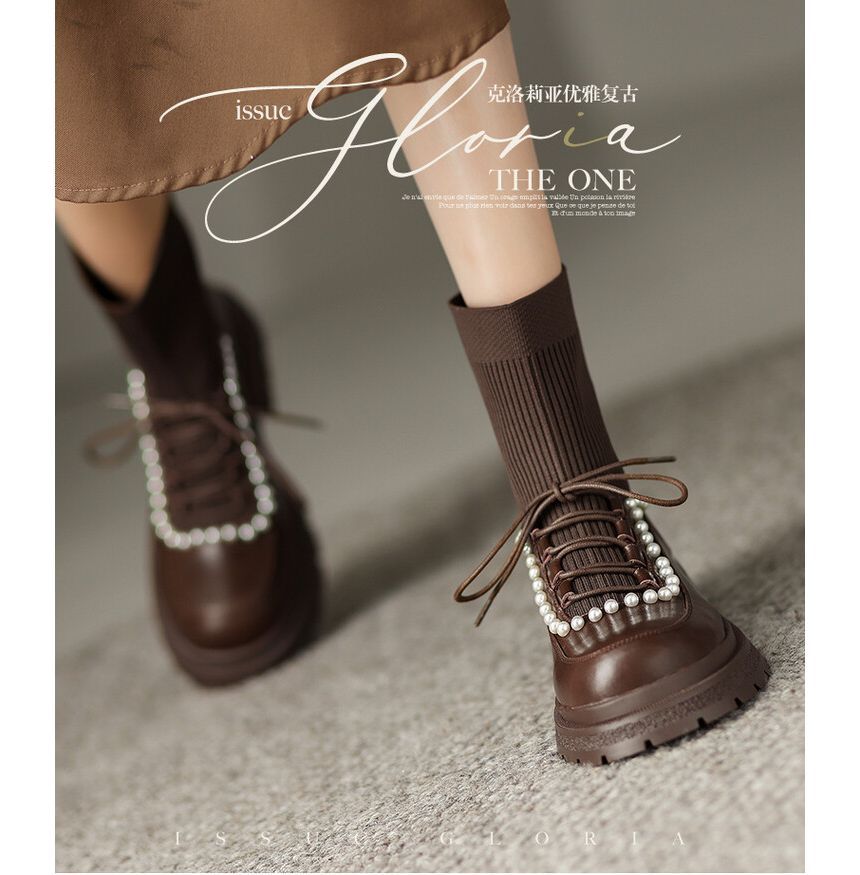 Lace-Up Faux Pearl Short Sock Boots SpreePicky