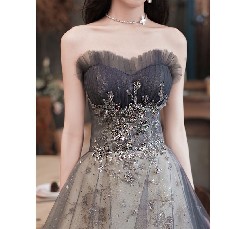 Strapless Sheer Panel Glitter A-Line Evening Gown FashionChic