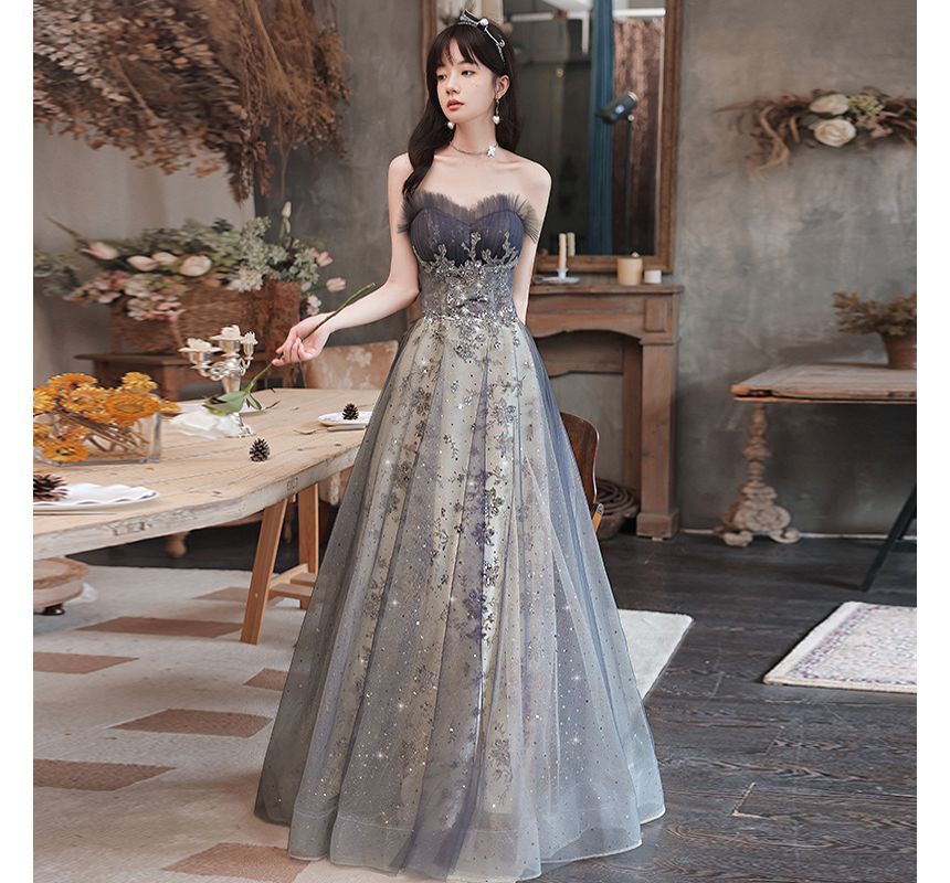 Strapless Sheer Panel Glitter A-Line Evening Gown FashionChic