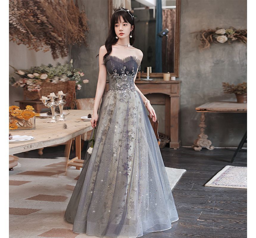 Strapless Sheer Panel Glitter A-Line Evening Gown FashionChic