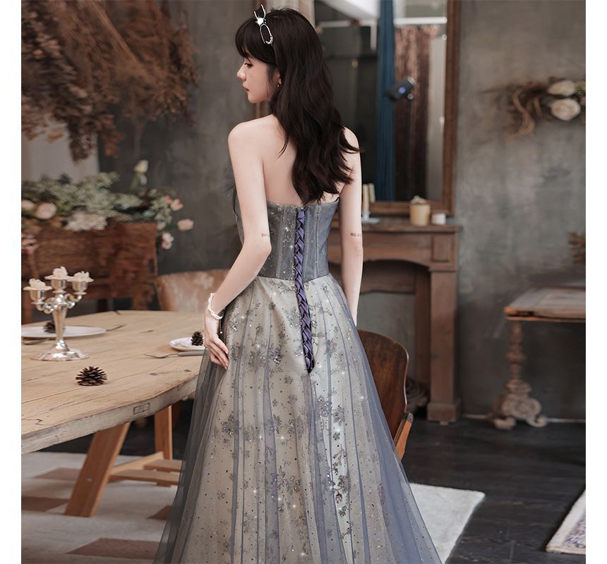 Strapless Sheer Panel Glitter A-Line Evening Gown FashionChic