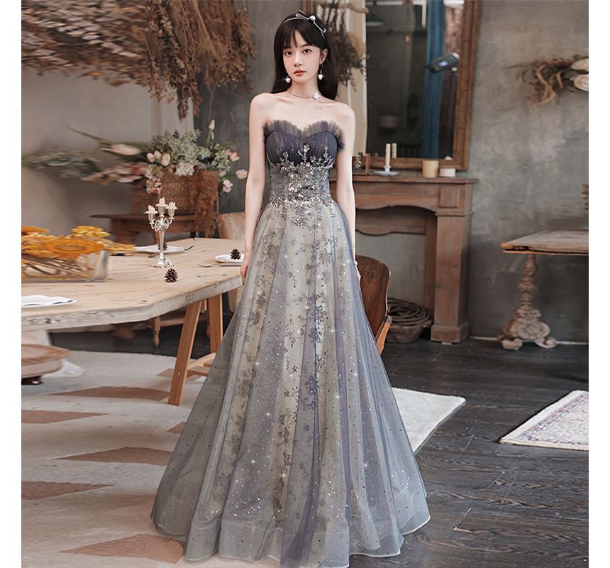 Strapless Sheer Panel Glitter A-Line Evening Gown FashionChic