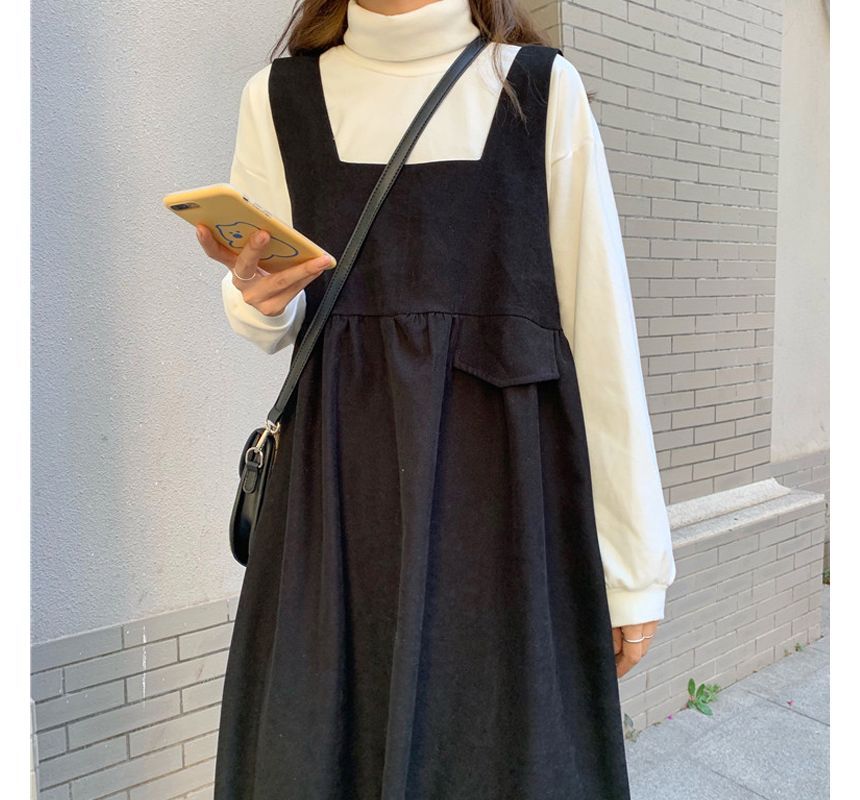 Mock Neck Plain Sweatshirt / Square Neck Midi A-Line Overall Dress mySite