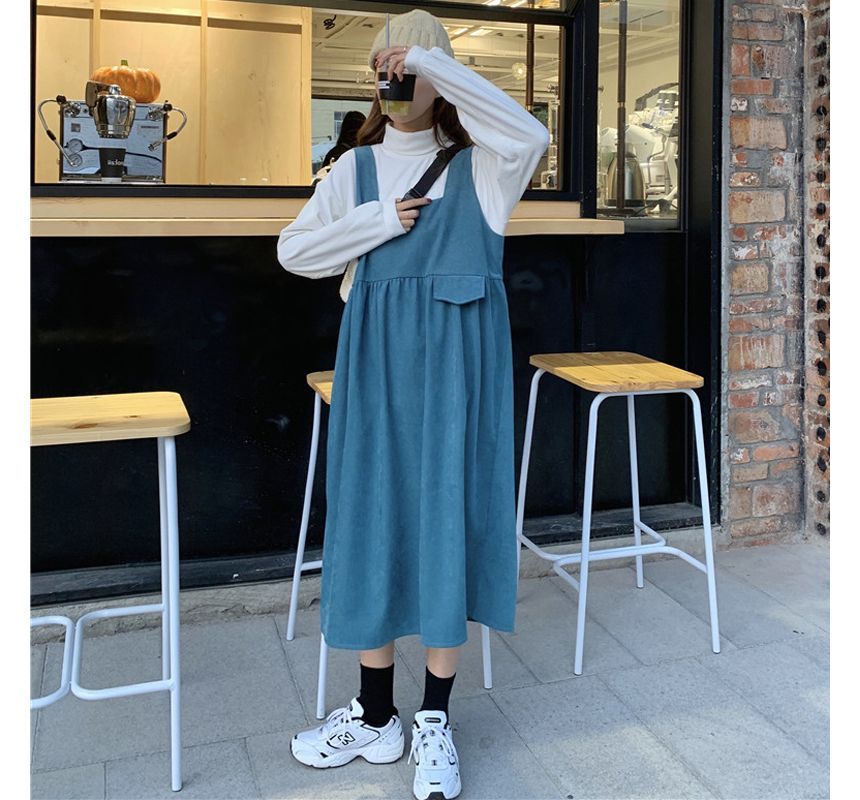 Mock Neck Plain Sweatshirt / Square Neck Midi A-Line Overall Dress mySite