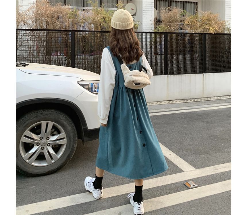 Mock Neck Plain Sweatshirt / Square Neck Midi A-Line Overall Dress mySite