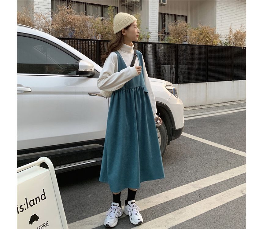 Mock Neck Plain Sweatshirt / Square Neck Midi A-Line Overall Dress mySite