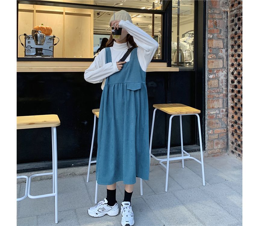 Mock Neck Plain Sweatshirt / Square Neck Midi A-Line Overall Dress mySite