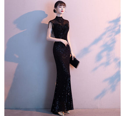 Short-Sleeve Sequin Fringed Trim Mermaid Evening Gown SpreePicky