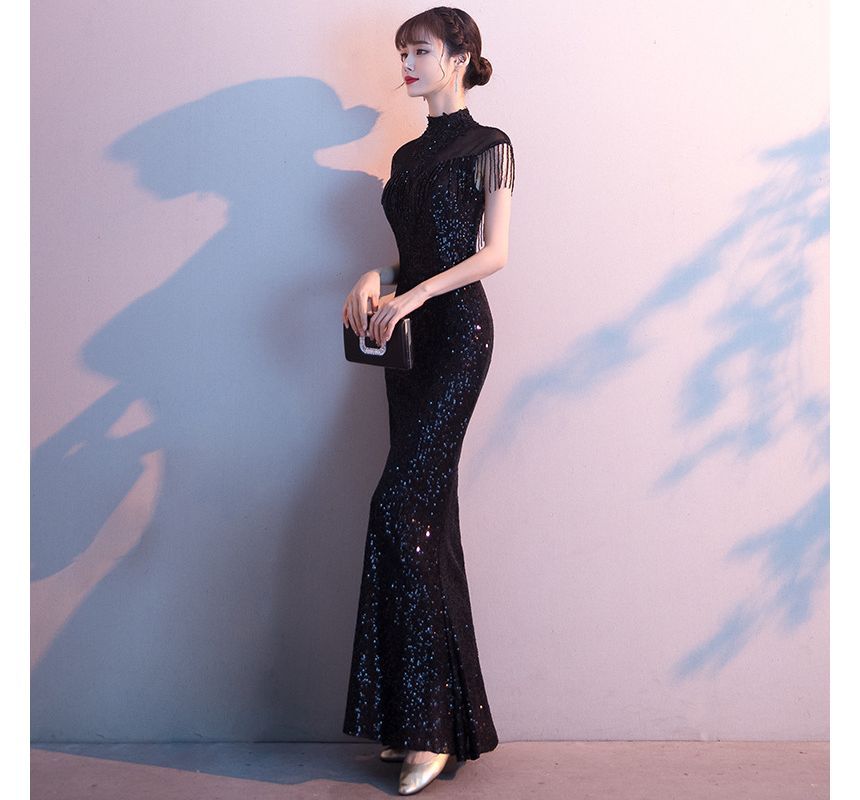 Short-Sleeve Sequin Fringed Trim Mermaid Evening Gown SpreePicky