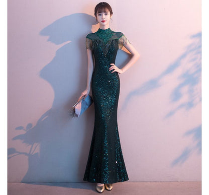 Short-Sleeve Sequin Fringed Trim Mermaid Evening Gown SpreePicky