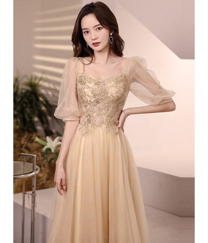 Puff-Sleeve Flower Embroidered Sequin Midi Cocktail Dress / A-Line Evening Gown SpreePicky