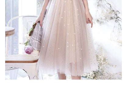 Puff-Sleeve Flower Embroidered Sequin Midi Cocktail Dress / A-Line Evening Gown SpreePicky