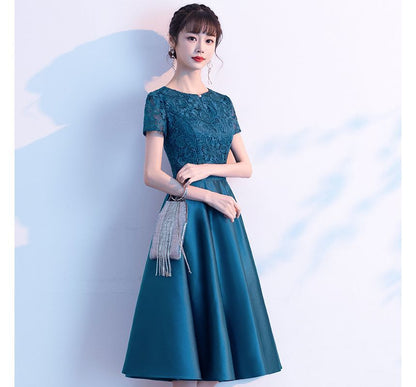 Short-Sleeve Plain Lace Panel A-Line Cocktail Dress SpreePicky