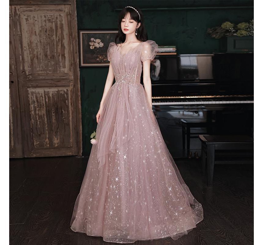 Puff-Sleeve Star Print Lace-Up A-Line Evening Gown SpreePicky