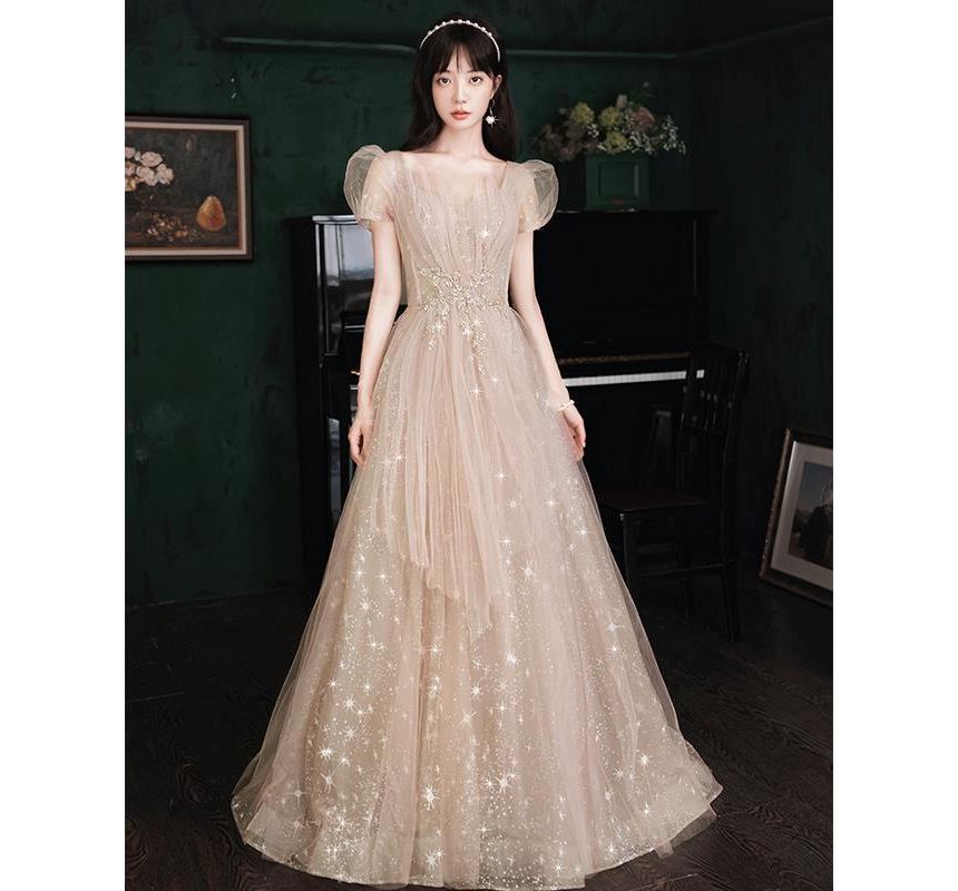 Puff-Sleeve Star Print Lace-Up A-Line Evening Gown SpreePicky