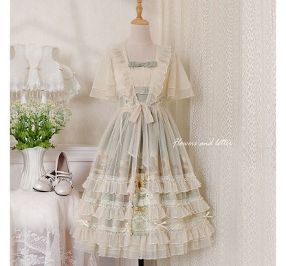 Wide Strap Floral Print Midi A-Line Layered Lolita Dress / Short-Sleeve Ruffle Blouse / Set mySite