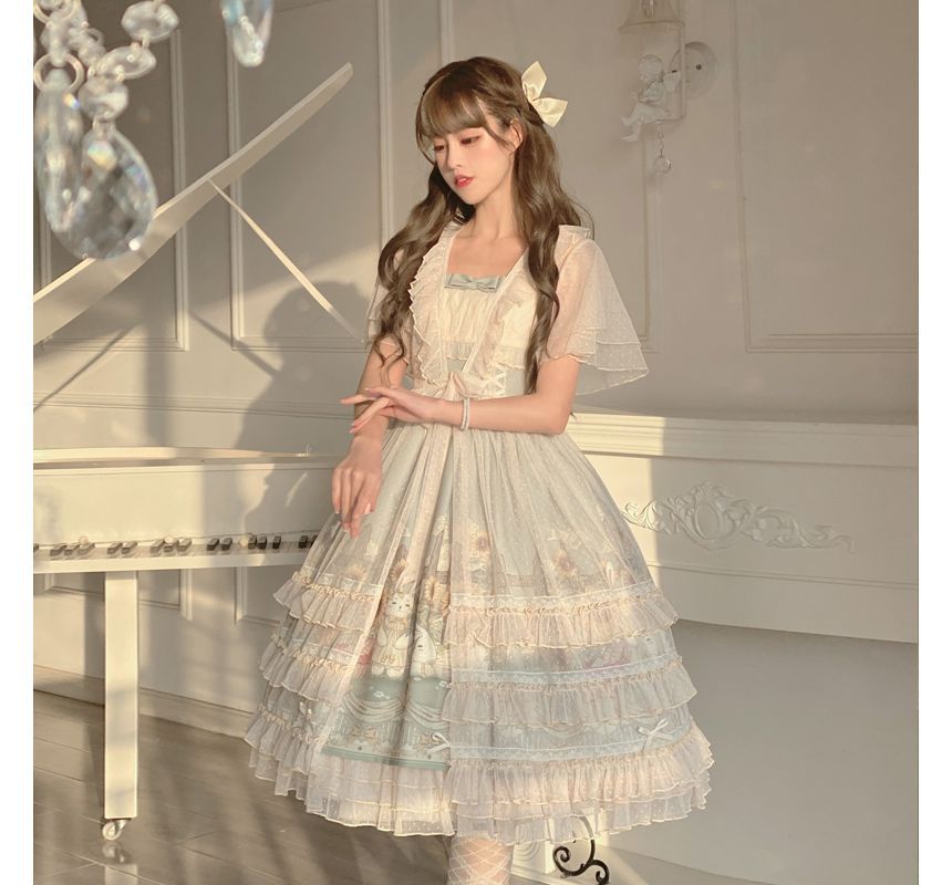 Wide Strap Floral Print Midi A-Line Layered Lolita Dress / Short-Sleeve Ruffle Blouse / Set mySite