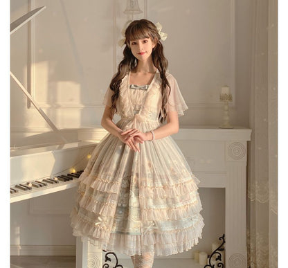 Wide Strap Floral Print Midi A-Line Layered Lolita Dress / Short-Sleeve Ruffle Blouse / Set mySite