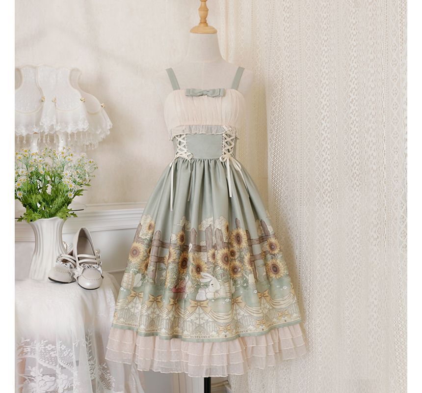 Wide Strap Floral Print Midi A-Line Layered Lolita Dress / Short-Sleeve Ruffle Blouse / Set mySite