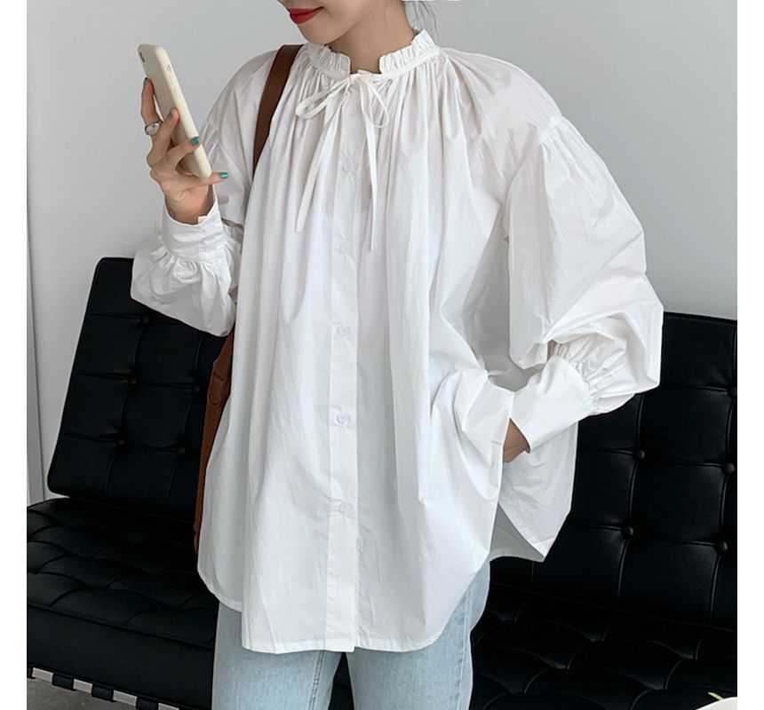 Puff-Sleeve Plain Ruffle Trim Drawstring Blouse SpreePicky