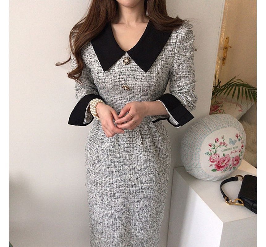 Long-Sleeve Contrast Collar Tweed Midi A-Line Dress SpreePicky